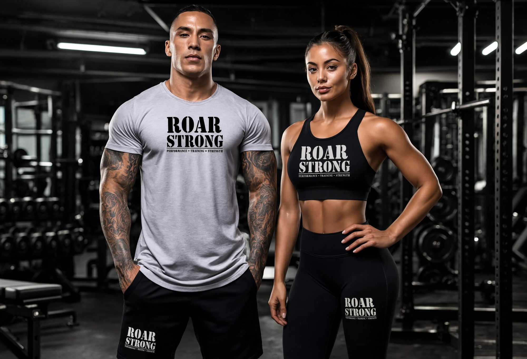 Pareja de atletas entrenando con ropa ROAR STRONG en gimnasio