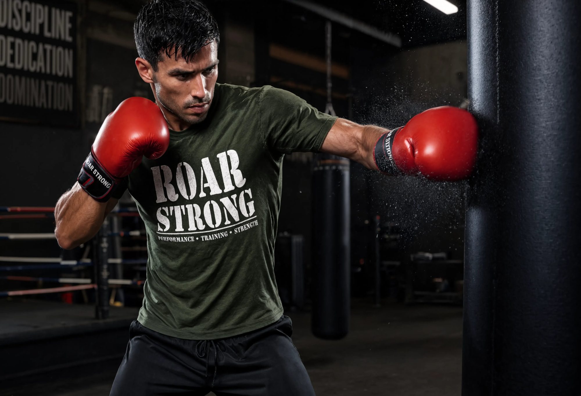 Hombre boxeando con camiseta ROAR STRONG, golpeando saco de boxeo