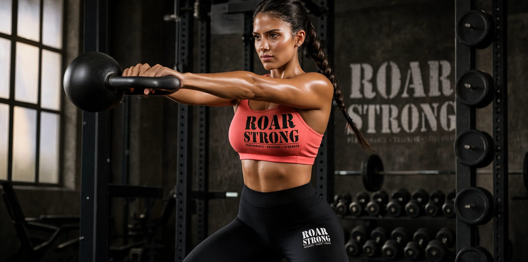 Mujer entrenando con kettlebell, ropa ROAR STRONG