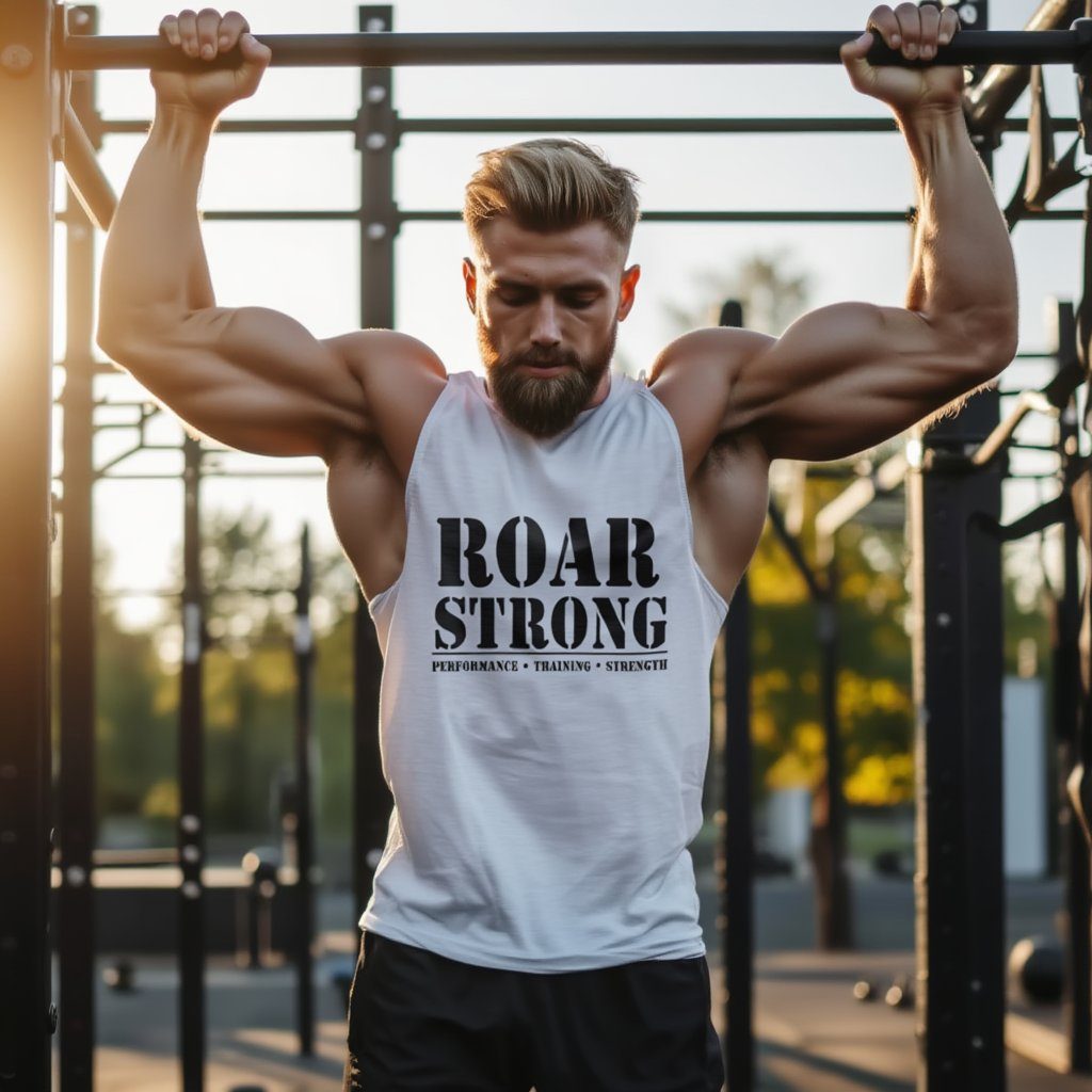 Hombre haciendo dominadas con tank top ROAR STRONG al aire libre