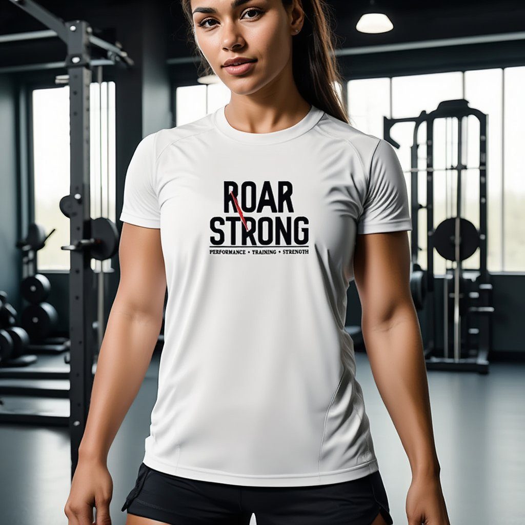 Camiseta blanca ROAR STRONG, atleta femenina